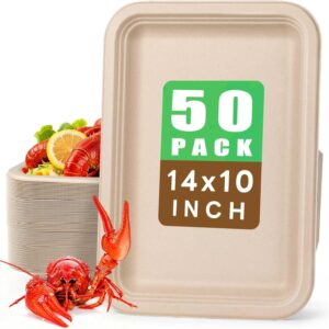 Gezond 50 Pack 14 Inch Disposable Food Trays Eco-friendly Heavy-Duty Large Paper Plates Compostable Sugarcane Platters for Crawfish Lobster Seafood Party Natural