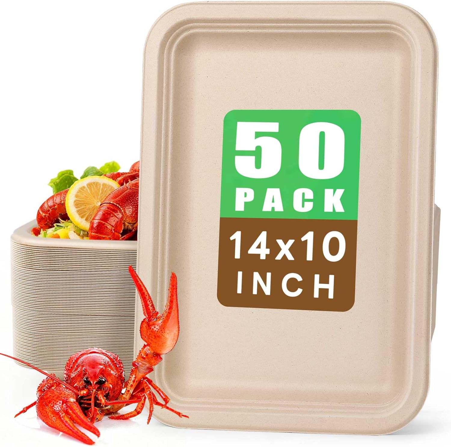 Gezond 50 Pack 14 Inch Disposable Food Trays Eco-friendly Heavy-Duty Large Paper Plates Compostable Sugarcane Platters for Crawfish Lobster Seafood Party Natural